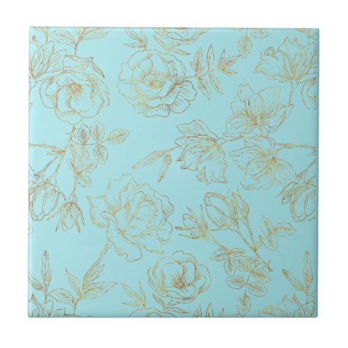 Pastel Blue with Gold Rose Outlines Ceramic Tile