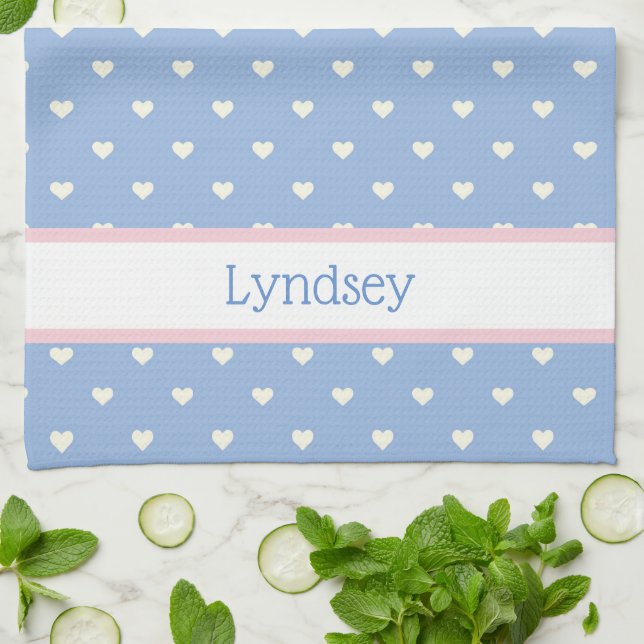 Pastel Blue with White Hearts Personalized Kitchen Towel (Folded)