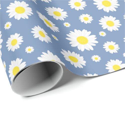 Pastel Blue with Yellow White Daisy Flower Pattern Wrapping Paper