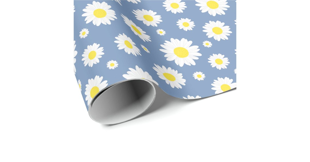 Pastel Blue with Yellow White Daisy Flower Pattern Wrapping Paper | Zazzle