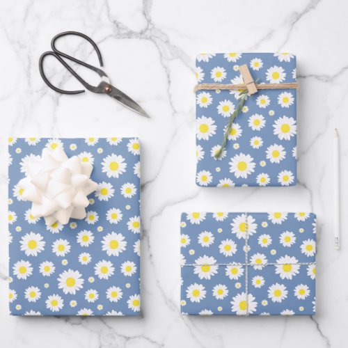 Pastel Blue with Yellow White Daisy Flower Pattern Wrapping Paper Sheets