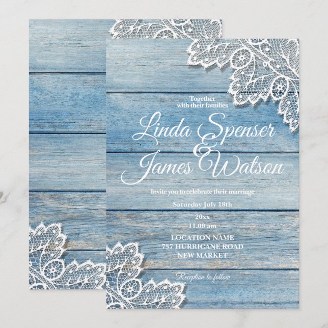 Pastel Blue Wood and White Lace  Wedding Invitation (Front/Back)