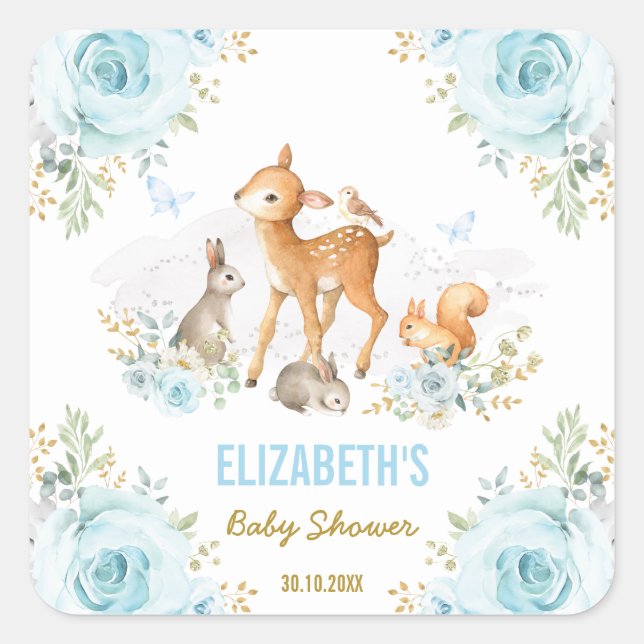 Pastel Blue Woodland Animals Baby Shower Favors Square Sticker (Front)