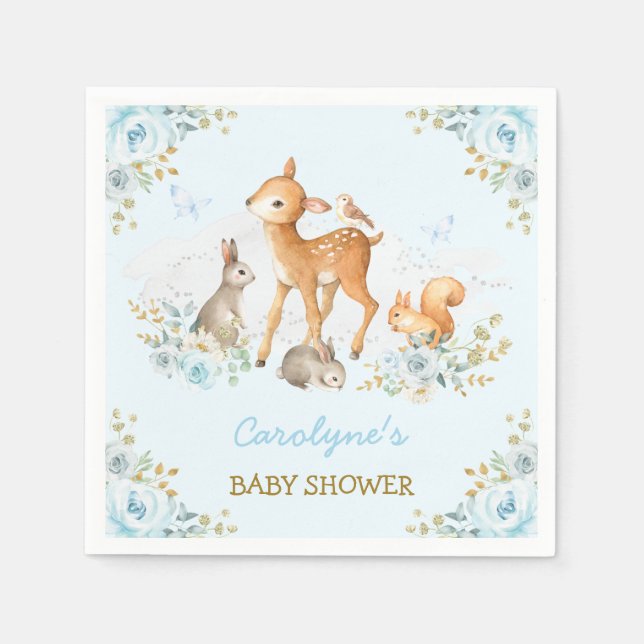 Pastel Blue Woodland Forest Animals Floral Shower Napkins (Front)