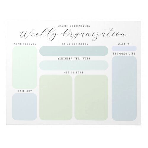 Pastel Blues and Greens Custom Weekly Organization Notepad
