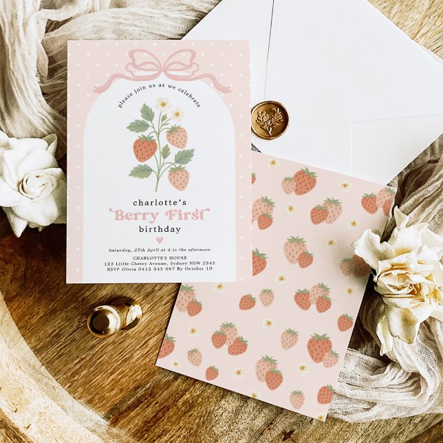 Pastel Blush Berry First Strawberry Birthday Invitation (Creator Uploaded)
