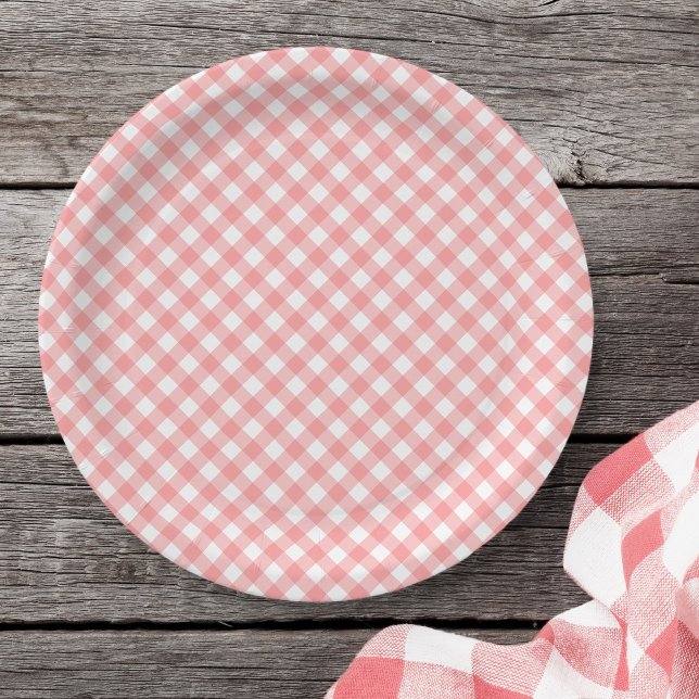 Pastel Blush Coral Gingham Paper Plates (Creator Uploaded)