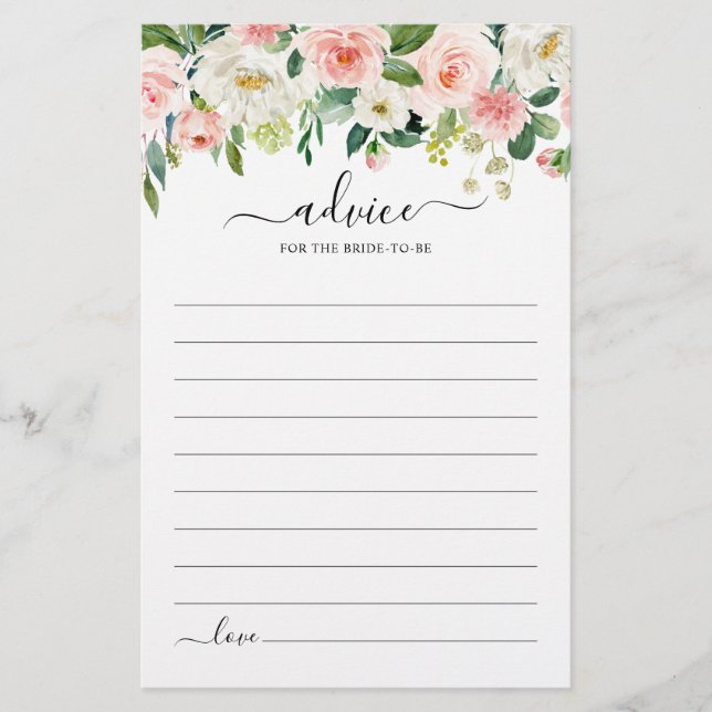 Pastel Blush Floral Botanical Bridal Shower Advice (Front)