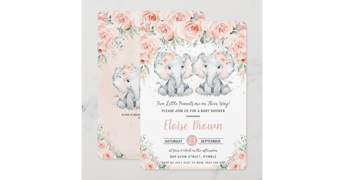 Pastel Blush Floral Elephant Twins Baby Shower Invitation | Zazzle