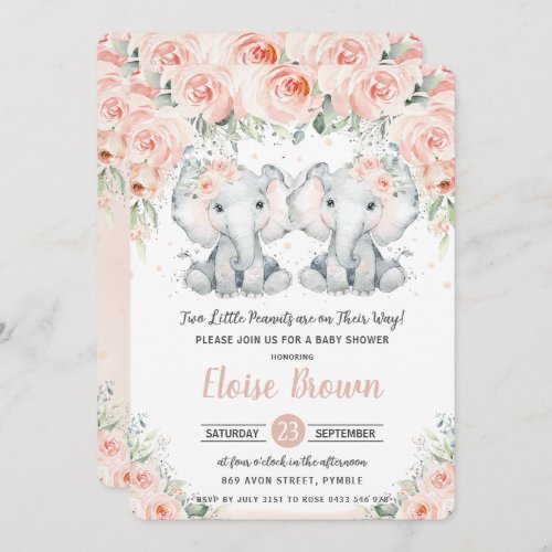 Pastel Blush Floral Elephant Twins Baby Shower Invitation