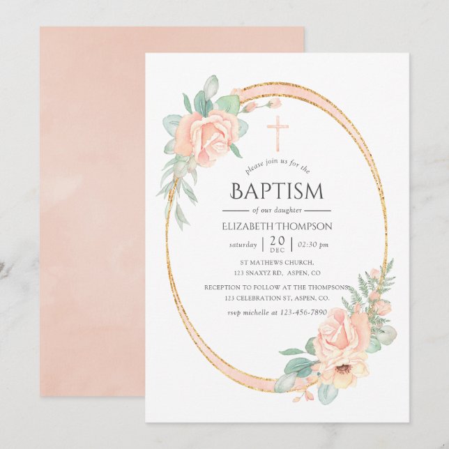 Pastel Blush Floral Geometric Baptism Invitation (Front/Back)