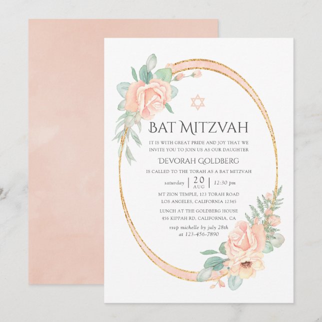 Pastel Blush Floral Geometric Bat Mitzvah Invitation (Front/Back)