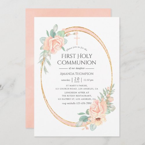 Pastel Blush Floral Geometric First Communion Invitation