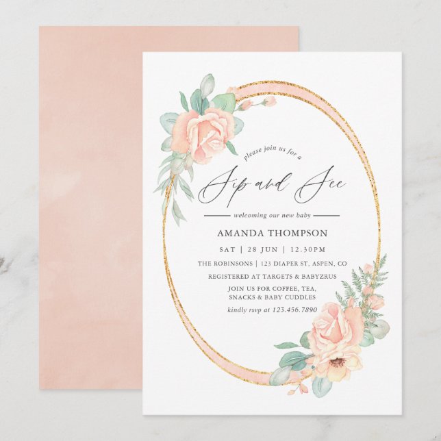 Pastel Blush Floral Geometric Sip and See Invitation (Front/Back)