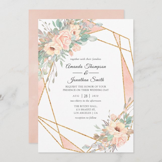 Pastel Blush Floral Geometric Wedding Invitation (Front/Back)