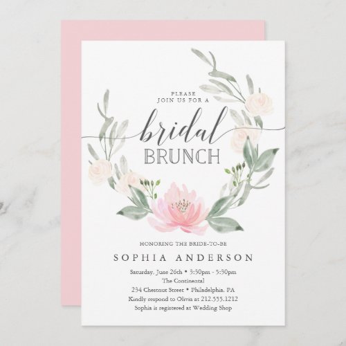 Pastel Blush Floral Greenery Bridal Brunch Invitation