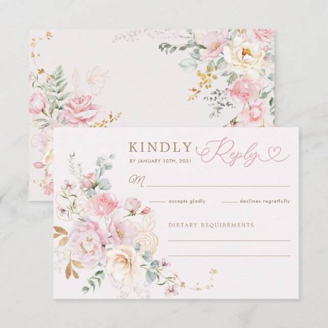 Pastel Blush Floral  Greenery Wedding RSVP Card (Front/Back)