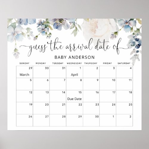 Pastel Blush Floral Guess Baby Due Date Calendar Poster