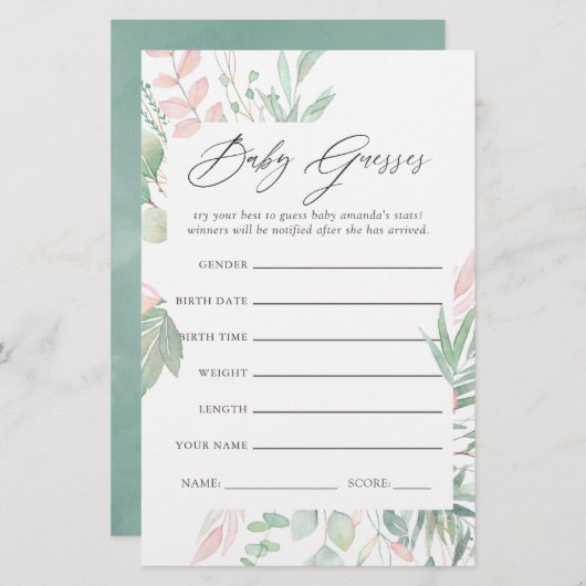 Pastel Blush Greenery Baby Shower Guessing Game (Front/Back)