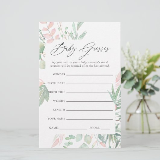 Pastel Blush Greenery Baby Shower Guessing Game (Standing Front)