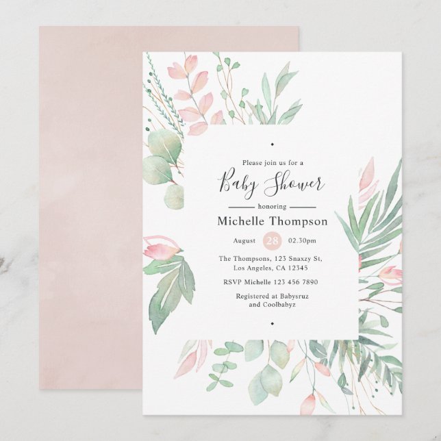 Pastel Blush Greenery Baby Shower Invitation (Front/Back)