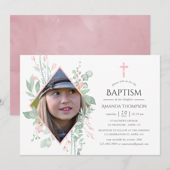 Pastel Blush Greenery Baptism or Christening Invitation (Front/Back)