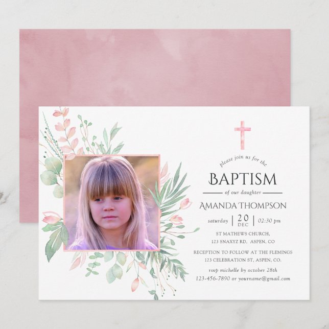 Pastel Blush Greenery Baptism or Christening Invitation (Front/Back)