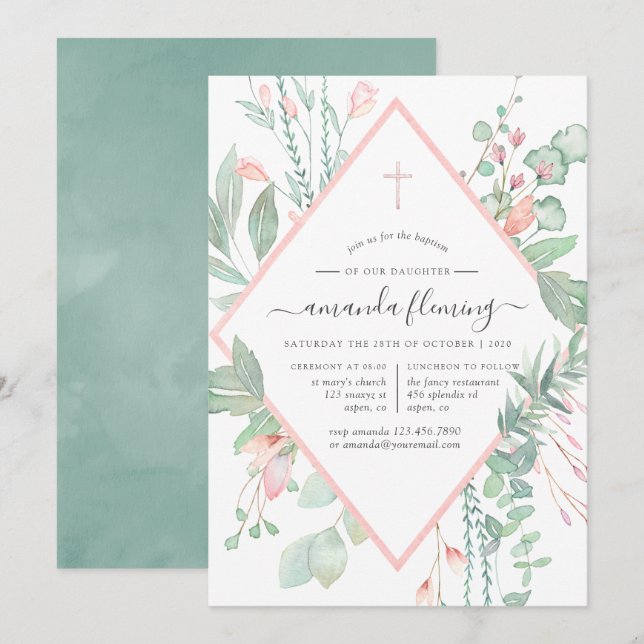 Pastel Blush Greenery Baptism or Christening Invitation (Front/Back)