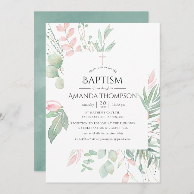 Pastel Blush Greenery Baptism or Christening Invitation (Front/Back)