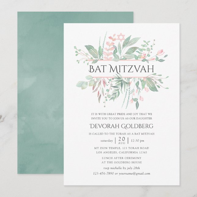 Pastel Blush Greenery Bat Mitzvah Invitation (Front/Back)