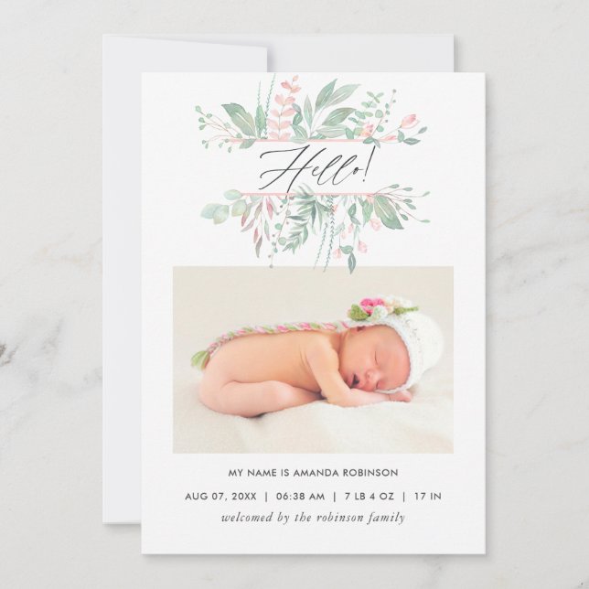 Pastel Blush Greenery Birth Announcement Card (Front)