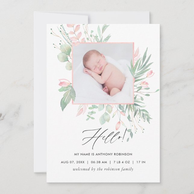 Pastel Blush Greenery Birth Announcement Card (Front)