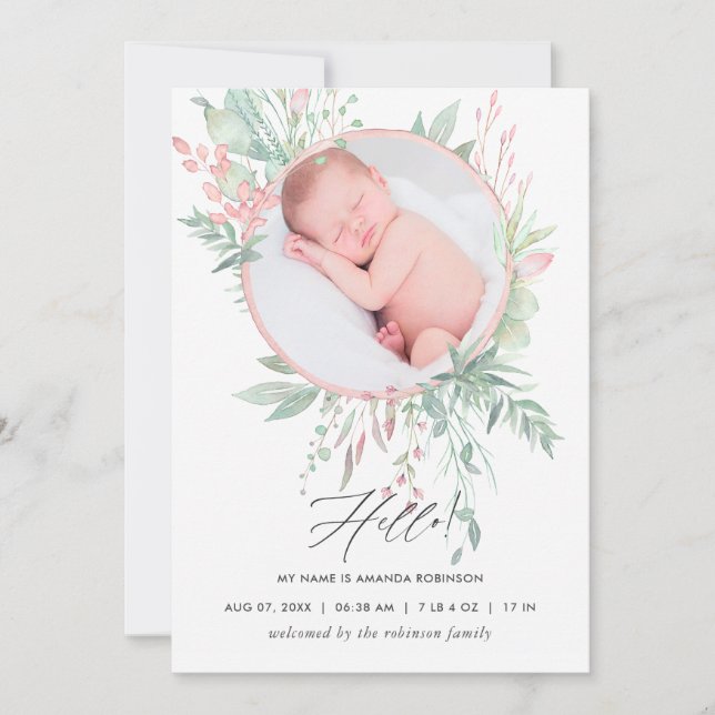 Pastel Blush Greenery Birth Announcement Card (Front)