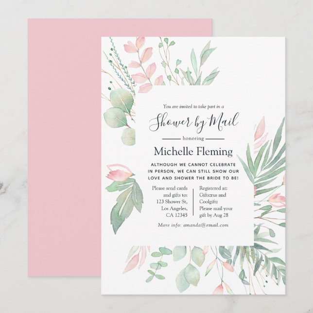 Pastel Blush Greenery Bridal or Baby Mail Shower Invitation (Front/Back)