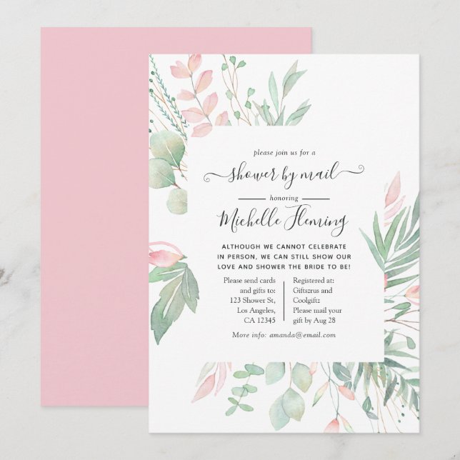 Pastel Blush Greenery Bridal Shower by Mail Invitation (Front/Back)