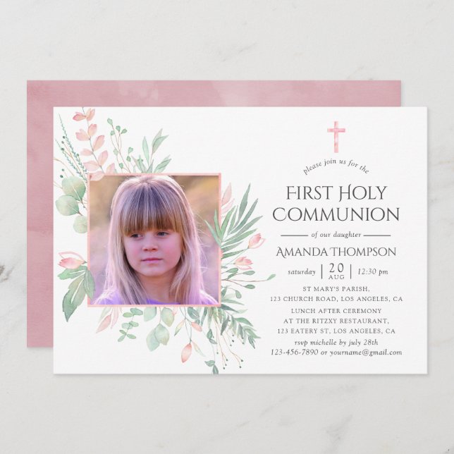 Pastel Blush Greenery First Holy Communion Invitation (Front/Back)