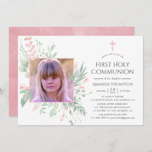 Pastel Blush Greenery First Holy Communion Invitation