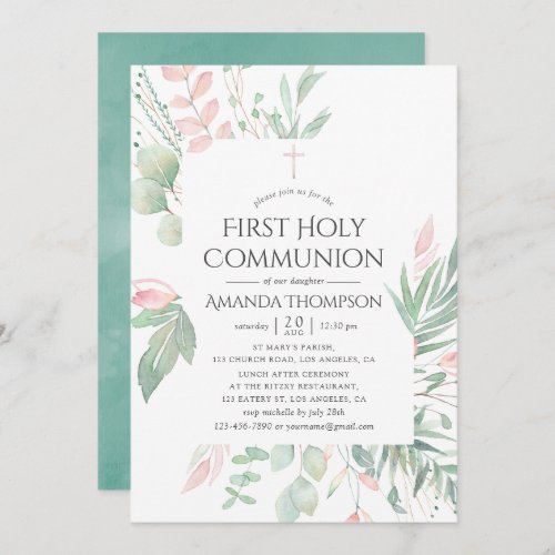 Pastel Blush Greenery First Holy Communion Invitation