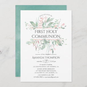 Pastel Blush Greenery First Holy Communion Invitation