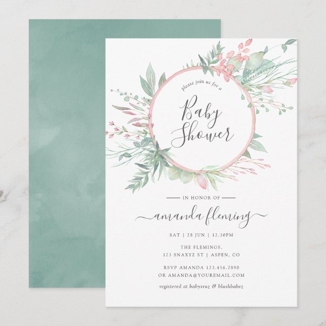 Pastel Blush Greenery Geometric Baby Shower Invitation (Front/Back)