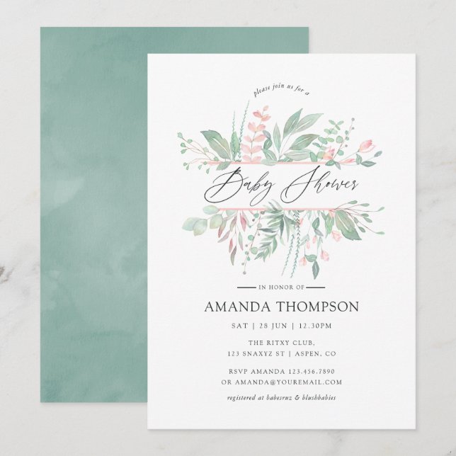 Pastel Blush Greenery Geometric Baby Shower Invitation (Front/Back)