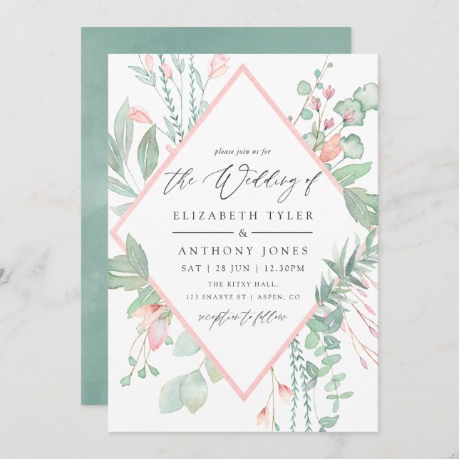 Pastel Blush Greenery Geometric Wedding Invitation (Front/Back)
