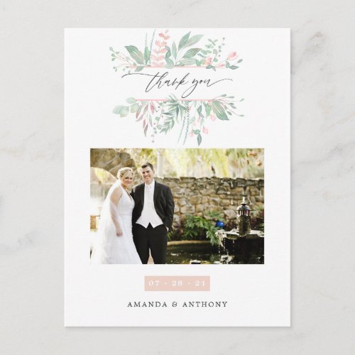 Pastel Blush Greenery Wedding Photo Thank You Postcard