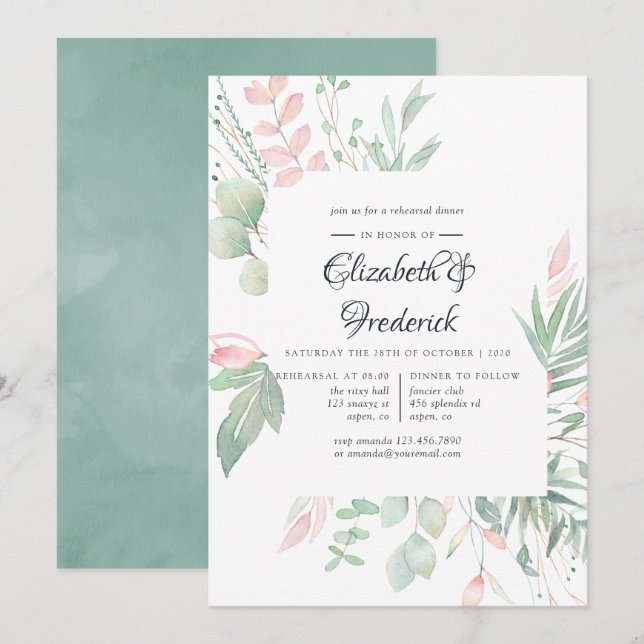 Pastel Blush Greenery Wedding Rehearsal Dinner Invitation (Front/Back)