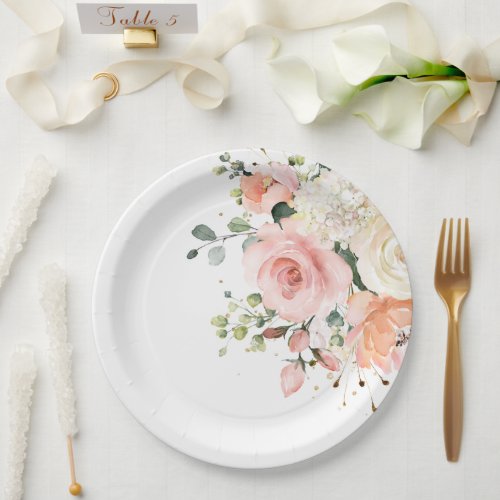 Pastel Blush Ivory Pink Floral Botanical Wedding Paper Plates