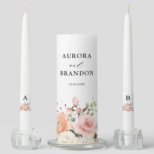 Pastel Blush Ivory Pink Floral Botanical Wedding Unity Candle Set