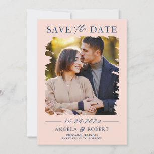 Pastel Blush Navy Brush Stroke Photo Frame Wedding Save The Date