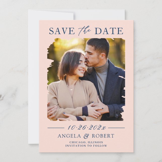 Pastel Blush Navy Brush Stroke Photo Frame Wedding Save The Date (Front)