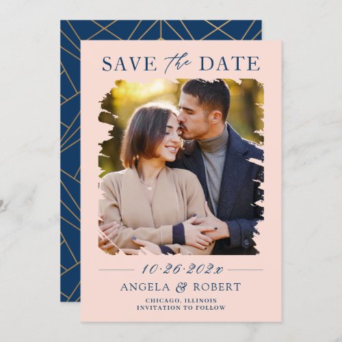 Pastel Blush Navy Brush Stroke Photo Frame Wedding Save The Date - Modern Minimalist Blush Navy - Brush Stroke Photo Frame Save the Date Card. 
(1) For further customization, please click the "customize further" link and use our design tool to modify this template. 
(2) If you prefer Thicker papers / Matte Finish, you may consider to choose the Matte Paper Type.