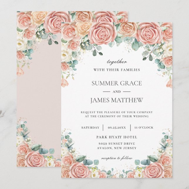 Pastel Blush Peach Ivory Floral Roses Wedding  Invitation (Front/Back)